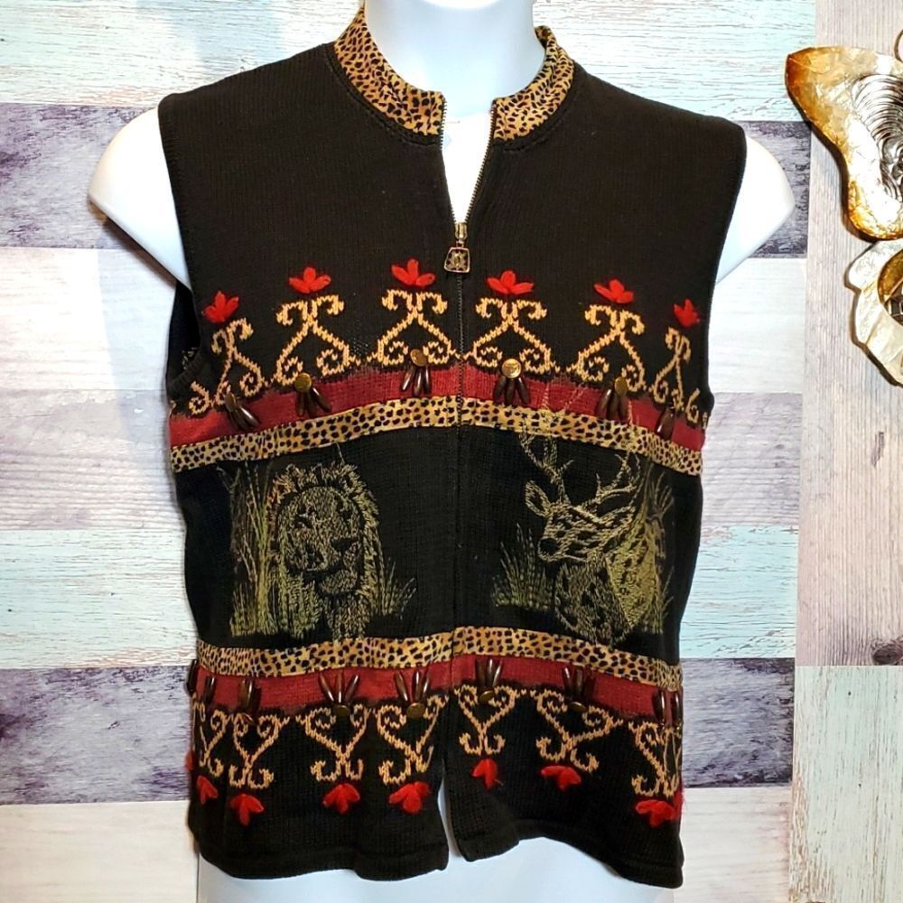 Sharon Young Sz M Safari Lion Zebra Leopard Print Sleeveless Zip Up Sweater Vest